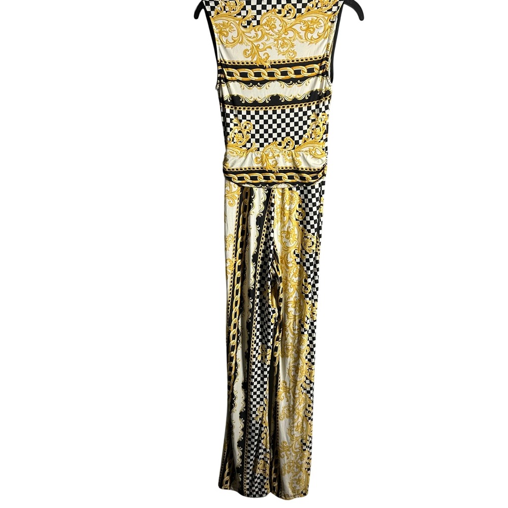 CAMEO Women Gold Black Baroque Checkerboard‎ Print Deep V-Neck Wide Leg Jumpsuit - Picture 2 of 6